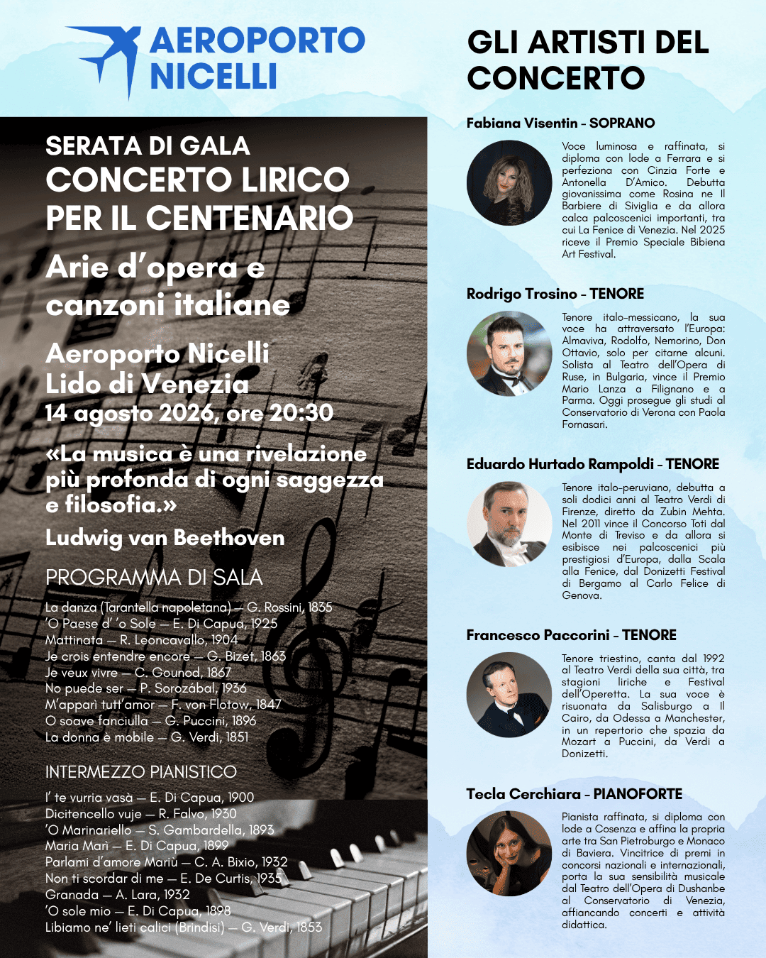 Locandina del concerto lirico per il centenario all'Aeroporto Nicelli, Lido di Venezia, il 14 agosto 2026, con artisti e programma d'opera.